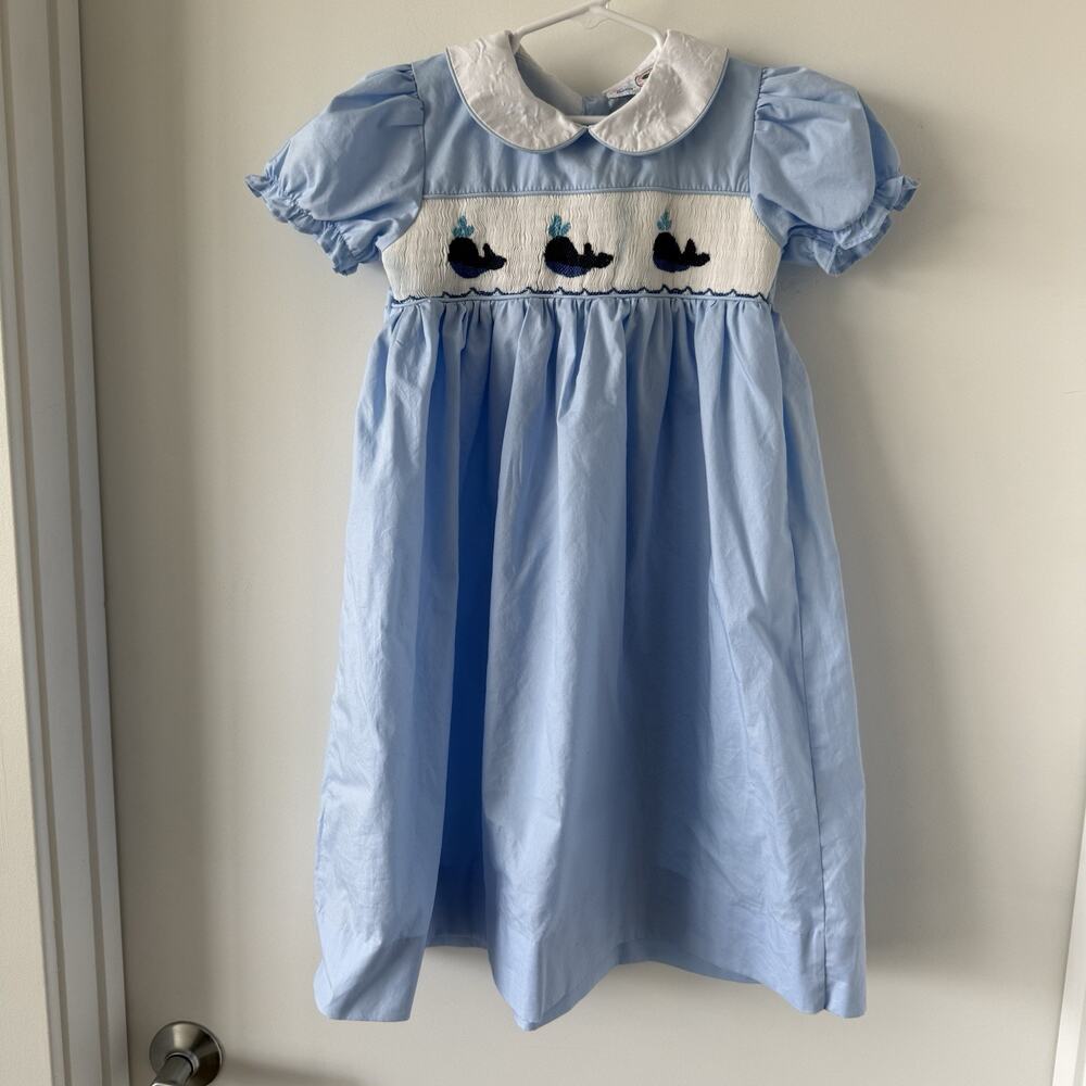 Ann + Reeves x Peachtree Kids Nantucket Blue Smocked Whales Bishop Dress 8 Girls